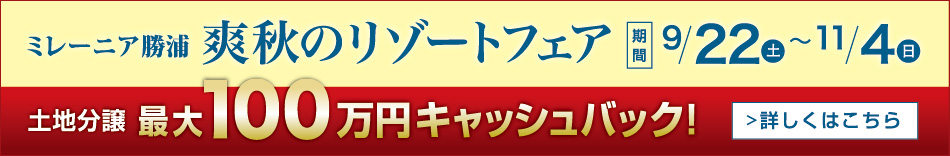 ミレーニア勝浦 爽秋のリゾートフェア 9/22(土)〜11/4(日)土地分譲 最大100万円キャッシュバック! >詳しくはこちら