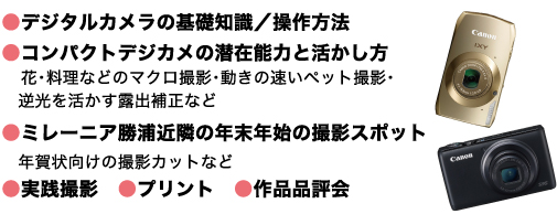 ●デジタルカメラの基礎知識／操作方法
●コンパクトデジカメの潜在能力と活かし方
花・料理などのマクロ撮影・動きの速いペット撮影・逆光を活かす露出補正など
●ミレーニア勝浦近隣の年末年始の撮影スポット
年賀状向けの撮影カットなど
●実践撮影　●プリント　●作品品評会