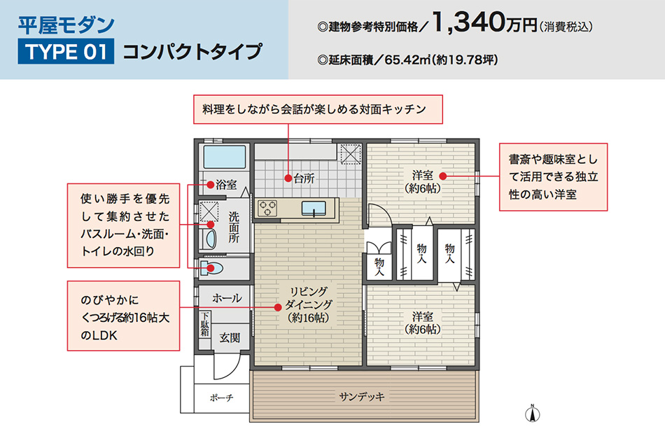 平屋モダンTYPE 01 コンパクトタイプ 建物参考特別価格/1,340万円(消費税込) 延床面積/65.42m2(約19.78坪)